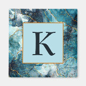 Monogram met blauwe en goudglittermarmer magneet (Voorkant)