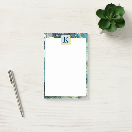 Monogram met blauwe en goudglittermarmer post-it® notes (Kantoor)