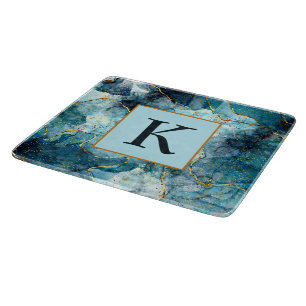 Monogram met blauwe en goudglittermarmer snijplank