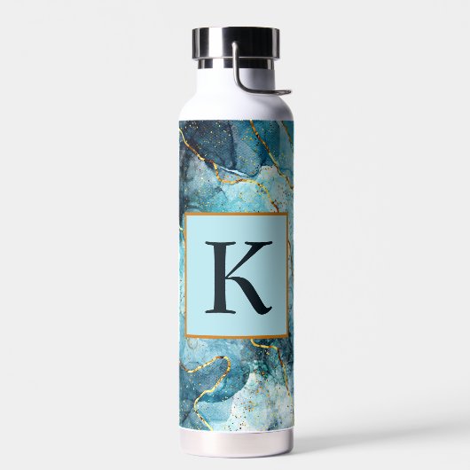 Monogram met blauwe en goudglittermarmer waterfles (Links)