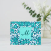 Monogram met bloemen - blauw en wit briefkaart (Staand voorkant)