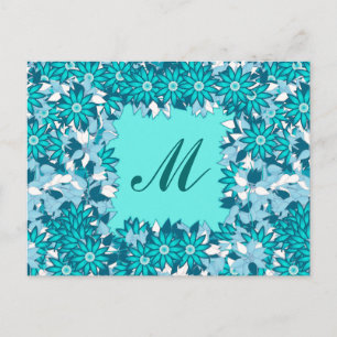 Monogram met bloemen - blauw en wit briefkaart