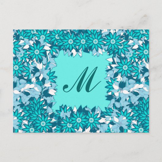 Monogram met bloemen - blauw en wit briefkaart (Voorkant)