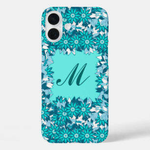 Monogram met bloemen - blauw en wit iPhone 16 plus hoesje