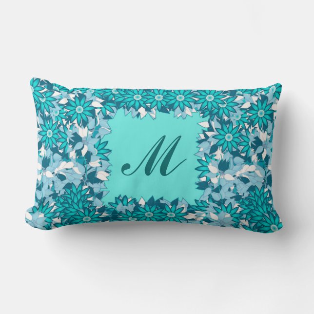 Monogram met bloemen - blauw en wit kussen (Voorkant)