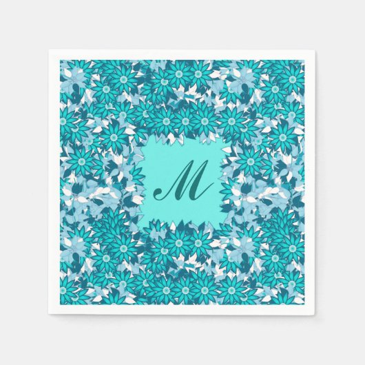 Monogram met bloemen - blauw en wit servetten (Voorkant)