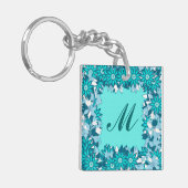 Monogram met bloemen - blauw en wit sleutelhanger (Voorkant Links)