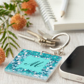 Monogram met bloemen - blauw en wit sleutelhanger (Voorkant Rechts)