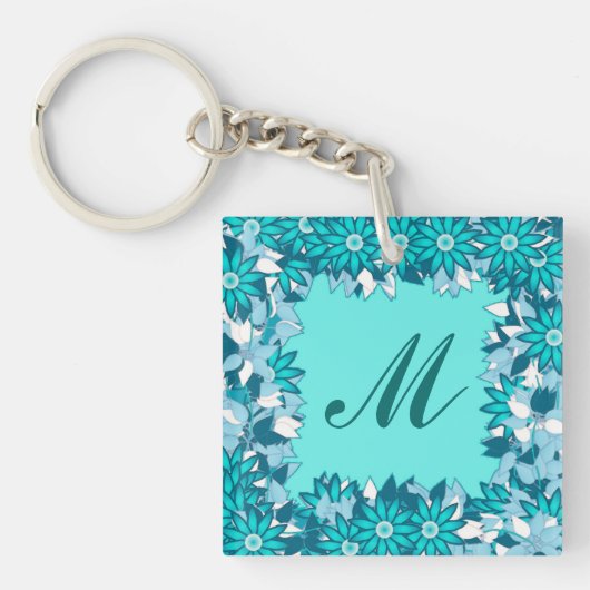 Monogram met bloemen - blauw en wit sleutelhanger (Voorkant)