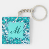 Monogram met bloemen - blauw en wit sleutelhanger (Achterkant)
