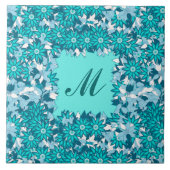 Monogram met bloemen - blauw en wit tegeltje (Voorkant)