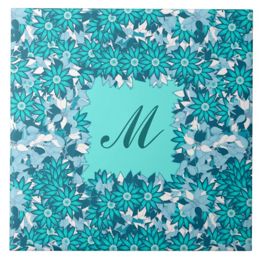 Monogram met bloemen - blauw en wit tegeltje (Voorkant)