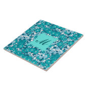 Monogram met bloemen - blauw en wit tegeltje (Zijkant)