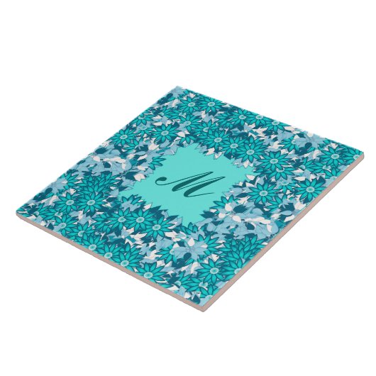 Monogram met bloemen - blauw en wit tegeltje (Zijkant)