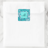 Monogram met bloemen - blauw en wit vierkante sticker (Tas)