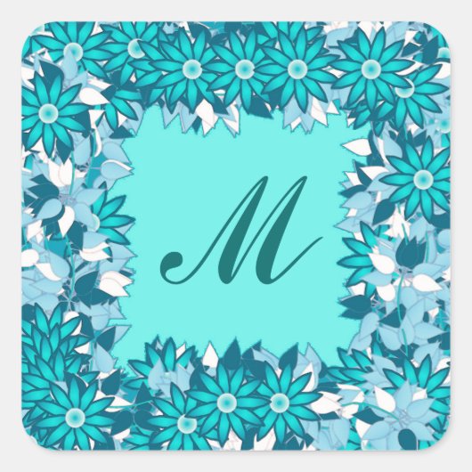 Monogram met bloemen - blauw en wit vierkante sticker (Voorkant)