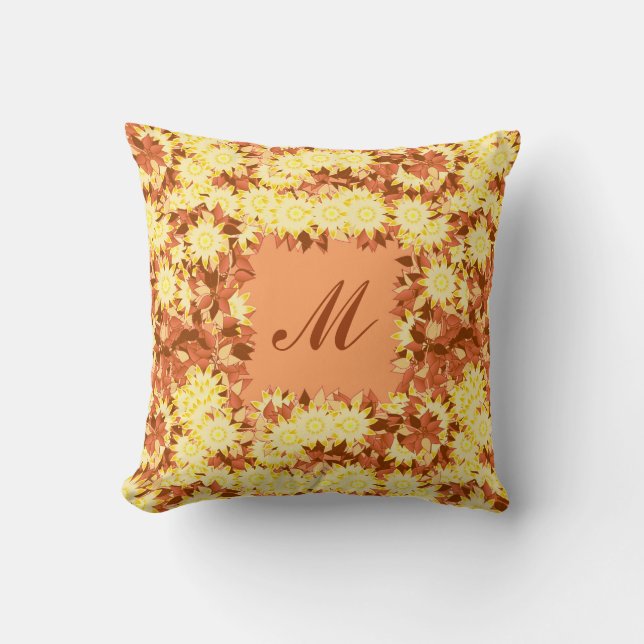 Monogram met bloemen - cacao & geel kussen (Voorkant)