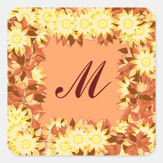 Monogram met bloemen - cacao & geel vierkante sticker (Voorkant)