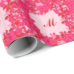 Monogram met bloemen - fuchsie en roze cadeaupapier