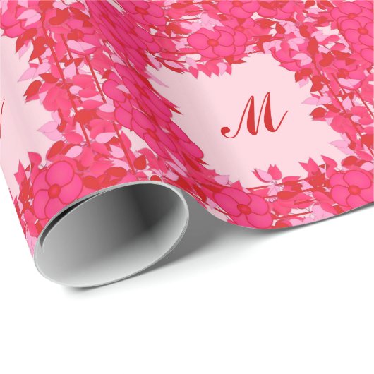 Monogram met bloemen - fuchsie en roze cadeaupapier (Rol Hoek)
