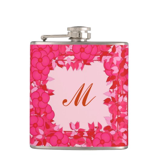 Monogram met bloemen - fuchsie en roze heupfles (Voorkant)