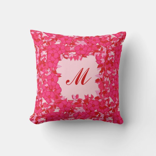 Monogram met bloemen - fuchsie en roze kussen (Voorkant)
