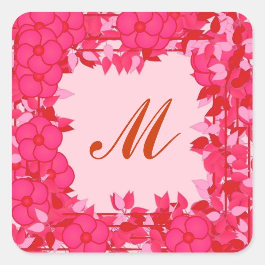 Monogram met bloemen - fuchsie en roze vierkante sticker (Voorkant)