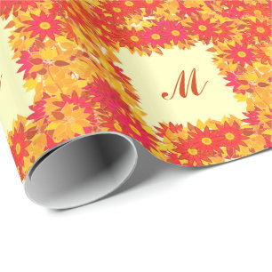Monogram met bloemen - rood en goud cadeaupapier
