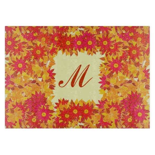 Monogram met bloemen - rood en goud snijplank (Voorkant)