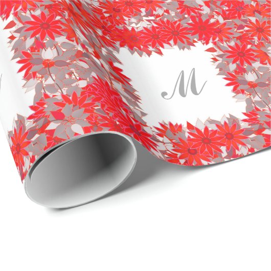 Monogram met bloemen - rood en grijs cadeaupapier (Rol Hoek)