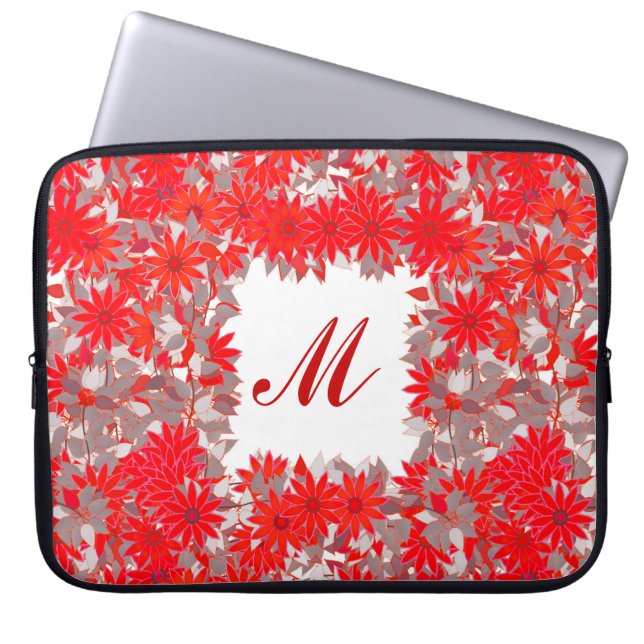Monogram met bloemen - rood en grijs laptop sleeve (Voorkant)