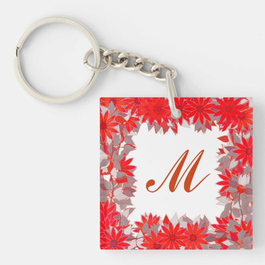 Monogram met bloemen - rood en grijs sleutelhanger (Voorkant)