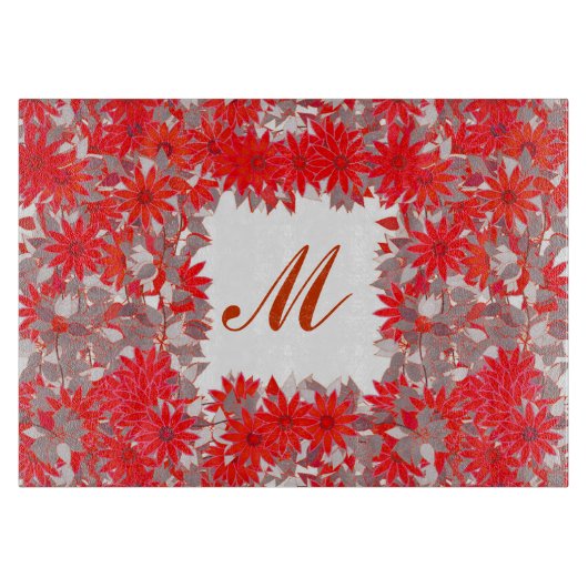 Monogram met bloemen - rood en grijs snijplank (Voorkant)