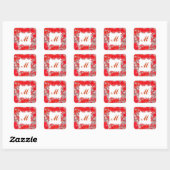 Monogram met bloemen - rood en grijs vierkante sticker (Vel)