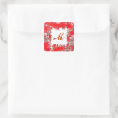 Monogram met bloemen - rood en grijs vierkante sticker (Tas)