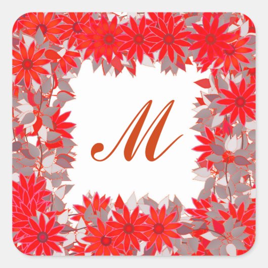 Monogram met bloemen - rood en grijs vierkante sticker (Voorkant)