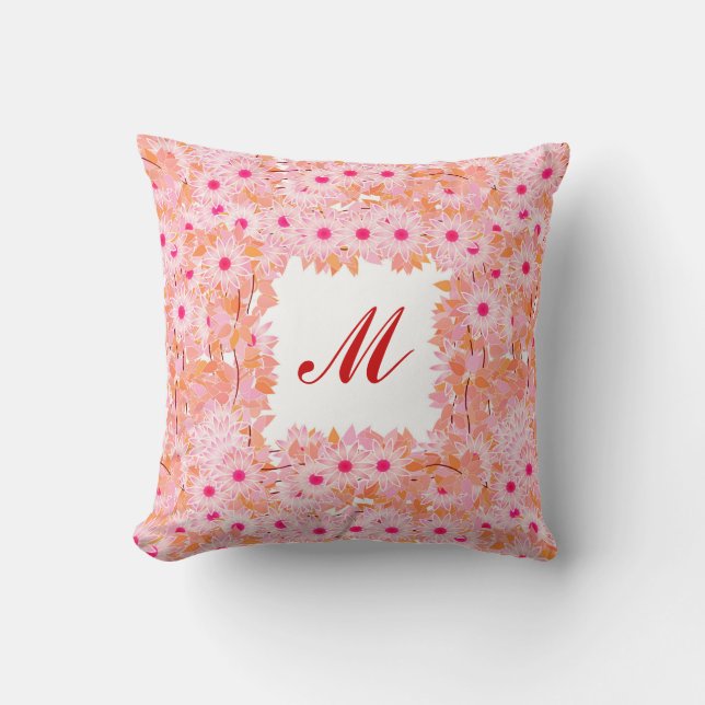 Monogram met bloemen - roze en perzik kussen (Voorkant)