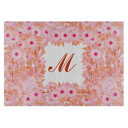 Monogram met bloemen - roze en perzik snijplank (Voorkant)