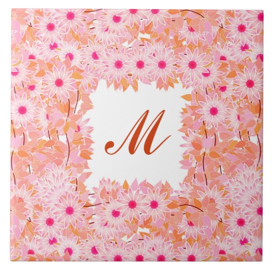 Monogram met bloemen - roze en perzik tegeltje (Voorkant)