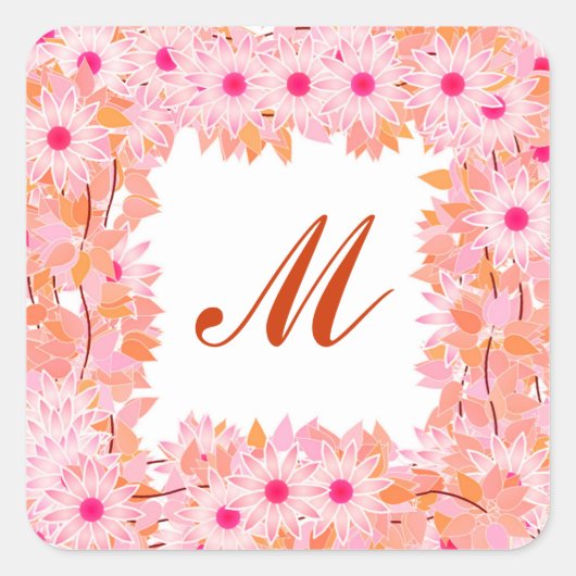 Monogram met bloemen - roze en perzik vierkante sticker (Voorkant)