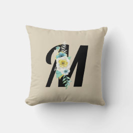 Monogram met bloemenspray in aqua en wit kussen