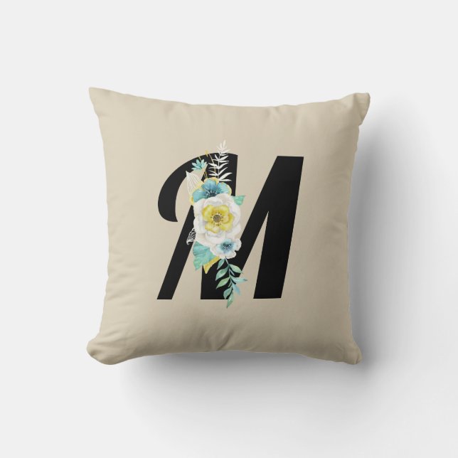 Monogram met bloemenspray in aqua en wit kussen (Voorkant)