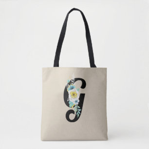Monogram met bloemenspray wit en aqua tote bag