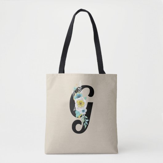 Monogram met bloemenspray wit en aqua tote bag (Voorkant)