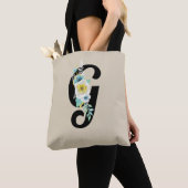 Monogram met bloemenspray wit en aqua tote bag (Dichtbij)