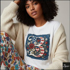 Monogram met bloemmotief en Amerikaanse vlagletter T-shirt