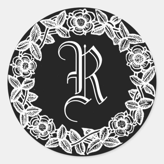 Monogram met bloemrand ronde sticker (Voorkant)
