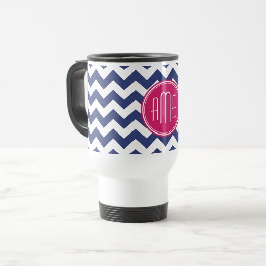 Monogram met Chevron Patroon - Navy Magenta Reisbeker (Voorkant links)