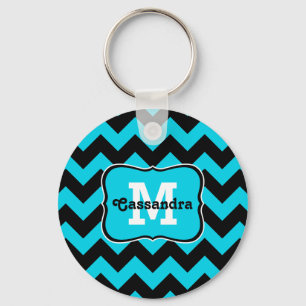 Monogram met de naam Turquoise en zwarte chevron Sleutelhanger