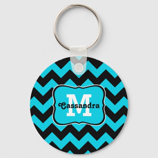 Monogram met de naam Turquoise en zwarte chevron Sleutelhanger (Voorkant)